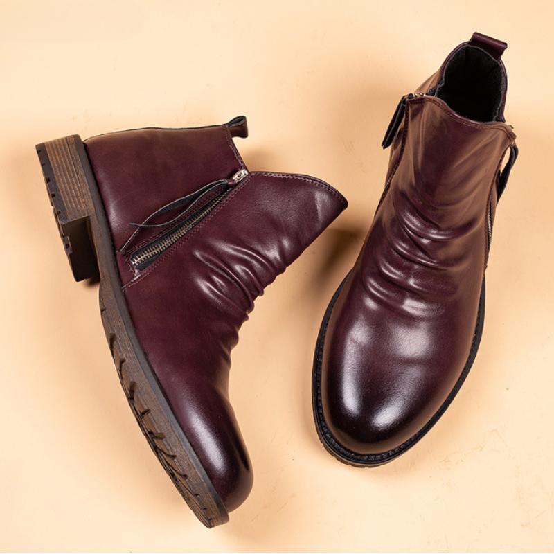 Pánské Chelsea boty v britském stylu Retro Vysoké kovový zip Jednobarevné kožené boty pro muže Business boty Outdoorové ležérní boty