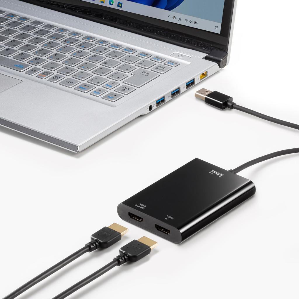SANWA SUPPLY Display 4K Dual Screen Output A Connector Male HDMI Connector Female USB Gen1 USB-HDMI Adapter, Compatible, (USB - X2), 3.2 Compliant,