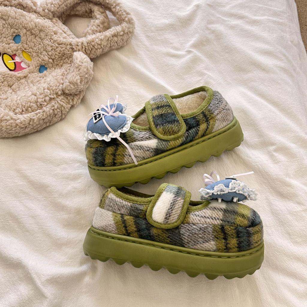 Korean version of cute Mickey plaid cotton shoes for women's 2025 new home warmth and outer wear thick-soled plush cotton shoes