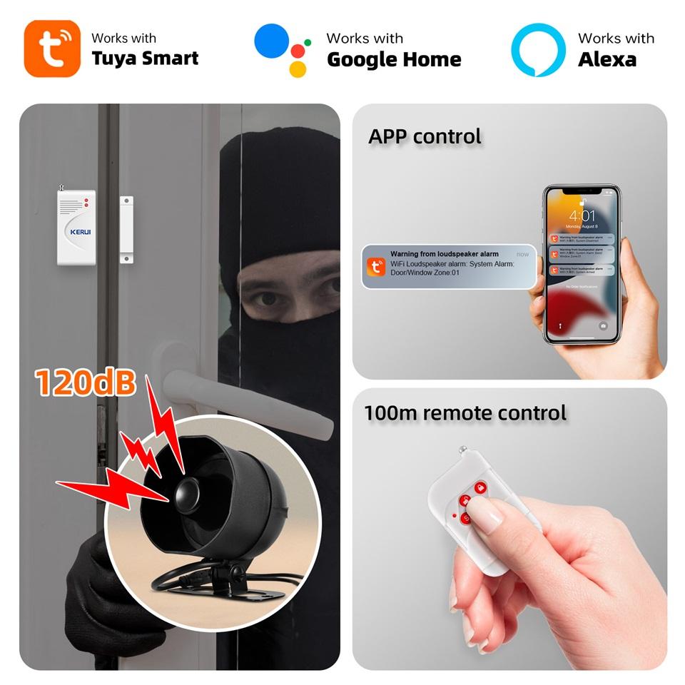KERUI 120db Loud Sound Alarm System Siren Tuya Smart WIFI Wireless Security Alarm Kit Home Burglar Motion Door Sensor Alexa