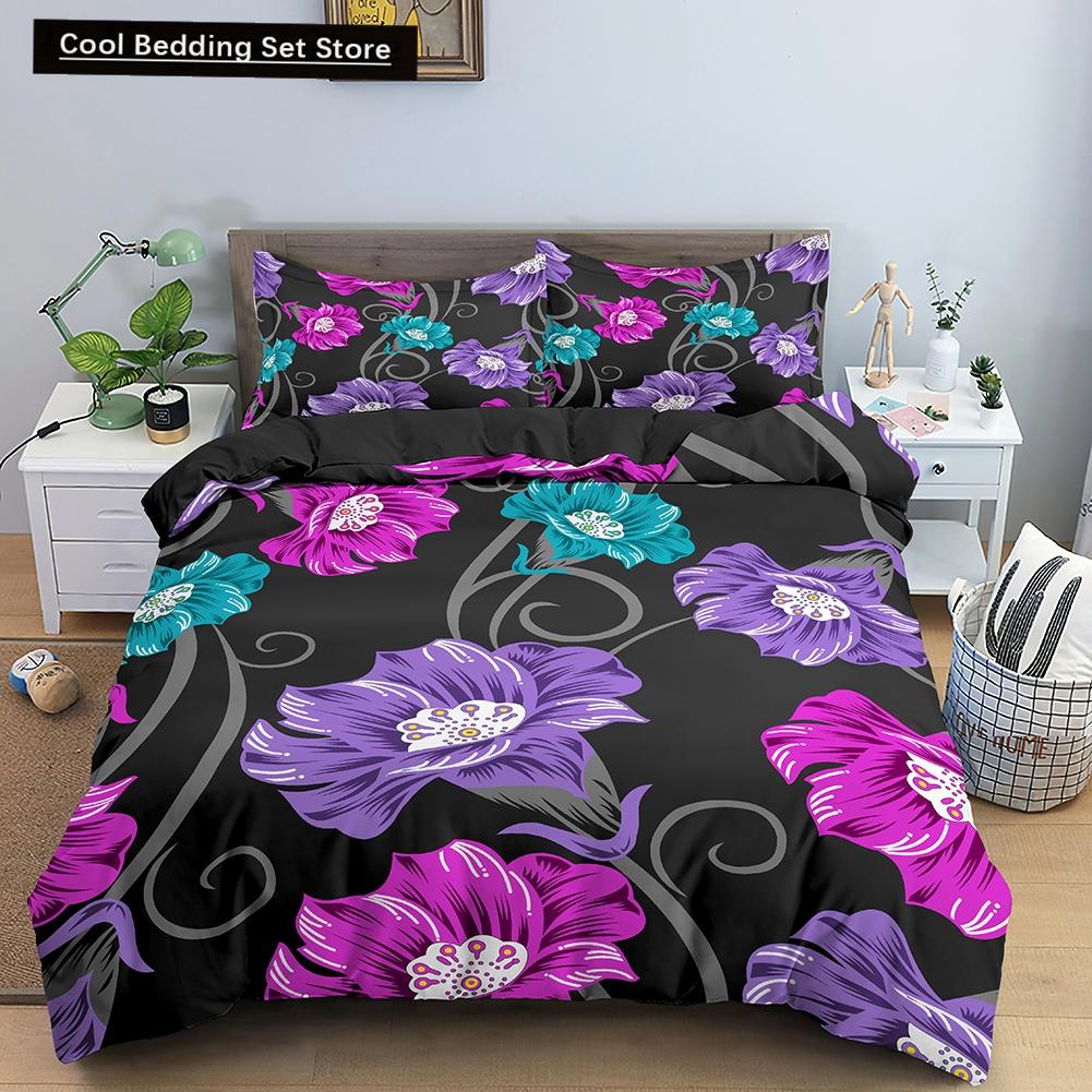 Floral King Queen Duvet Cover Fuchsia White Flower Bedding Set for Girl Women Colorful Plant Leaves 2/3pcs Polyester Quilt Cover
