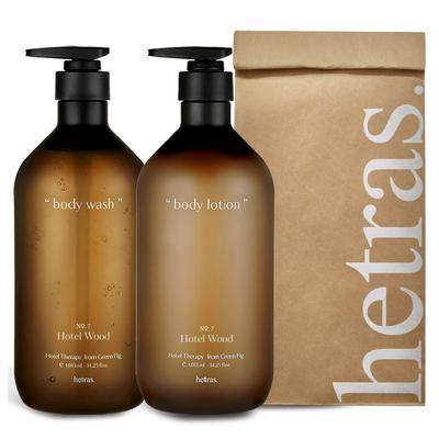 Hetras Hotel Therapy Gel de ducha de gran capacidad 1013 ml + Loción corporal 1013 ml Set de regalo Hotel Wood, 1 set