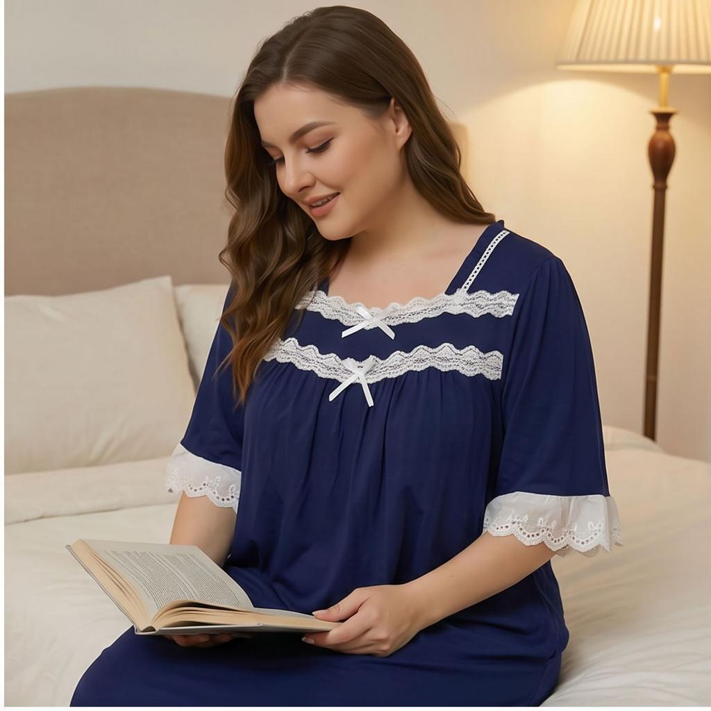 Large size women's nightgown lace square collar pajamas lace short sleeves human cotton long sleeping group sweet loungewear