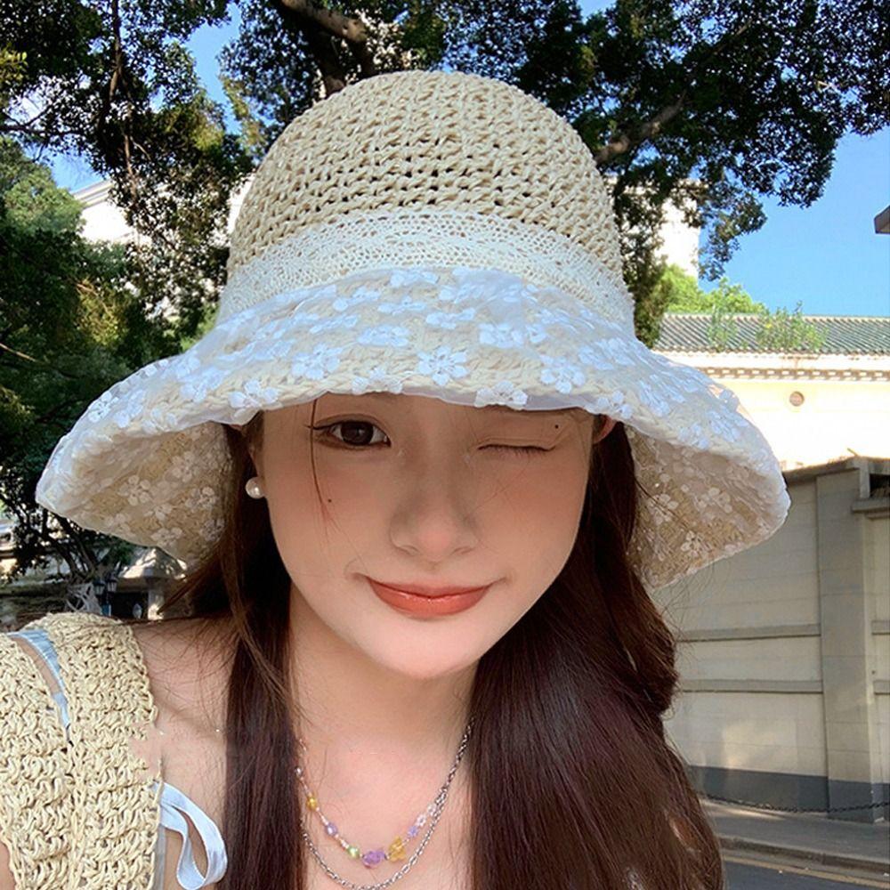 Fashion Large Brimmed Sunscreen Hat Casual Lace Grass Hat Fisherman Hat Outdoor