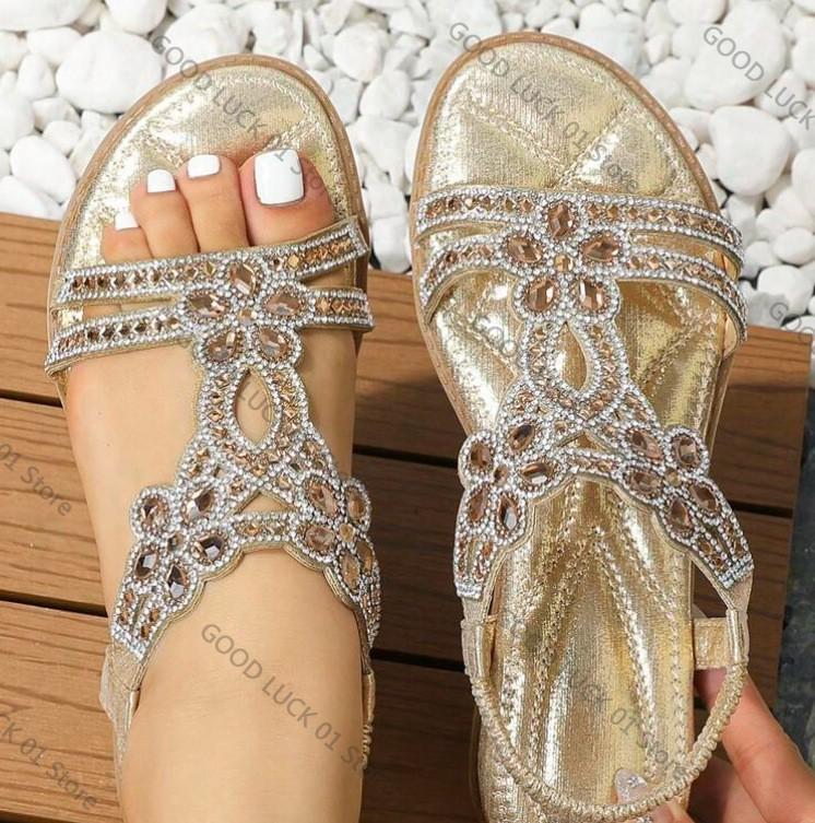 

Fashion Women Flat Rhinestone Sandals Bohemian Sandals 2025 Summer New Non Slip BeachElastic Low Heels Roman Sandals Sandalias Mujer 43 золотой
