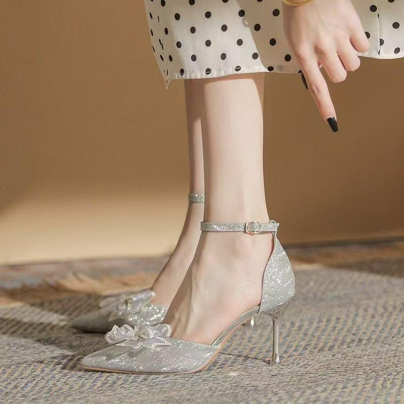 Fashion Low Top Single Shoes Women Fashion Pointy Light Mouth Sequin Butterfly Knot Line with Anti-slip Wear Heels
