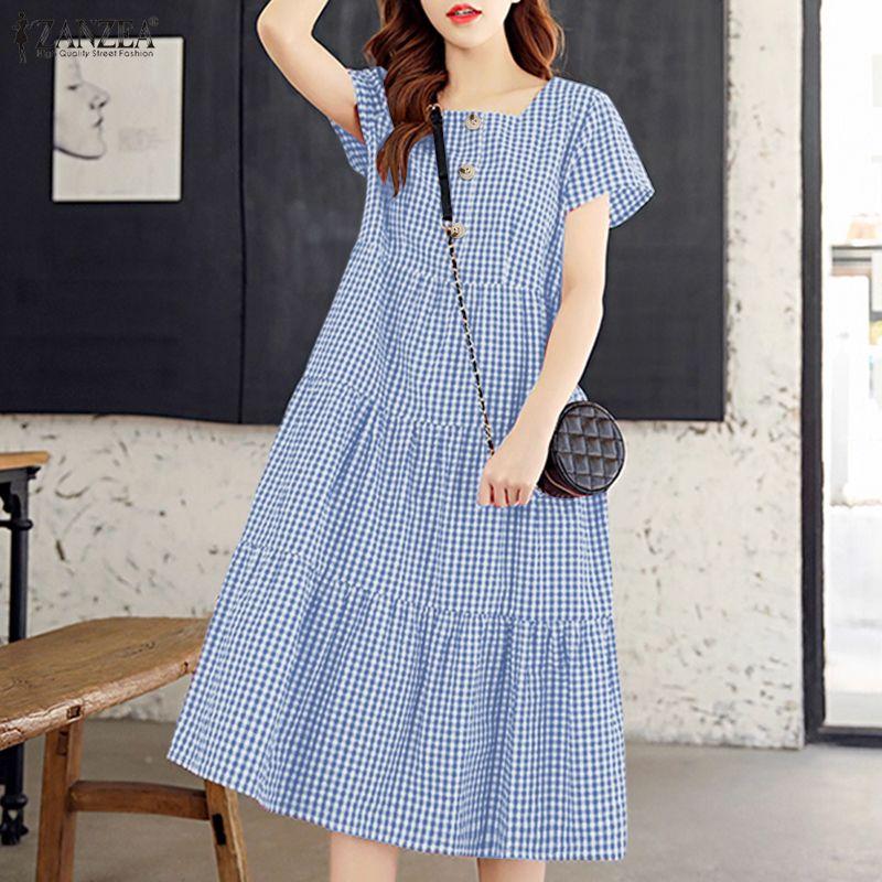 ZANZEA Women Plaid Print Summer Casual Square Collar Short Sleeve Dress