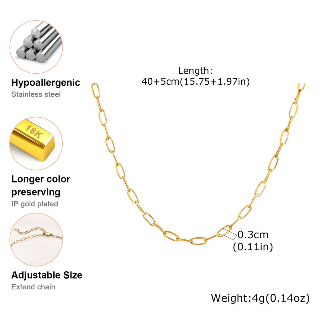 Gold Plated Stainless Steel Paperclip Chain Necklace For Women, Adjustable Rectangle Link Layering Choker Waterproof Jewelry