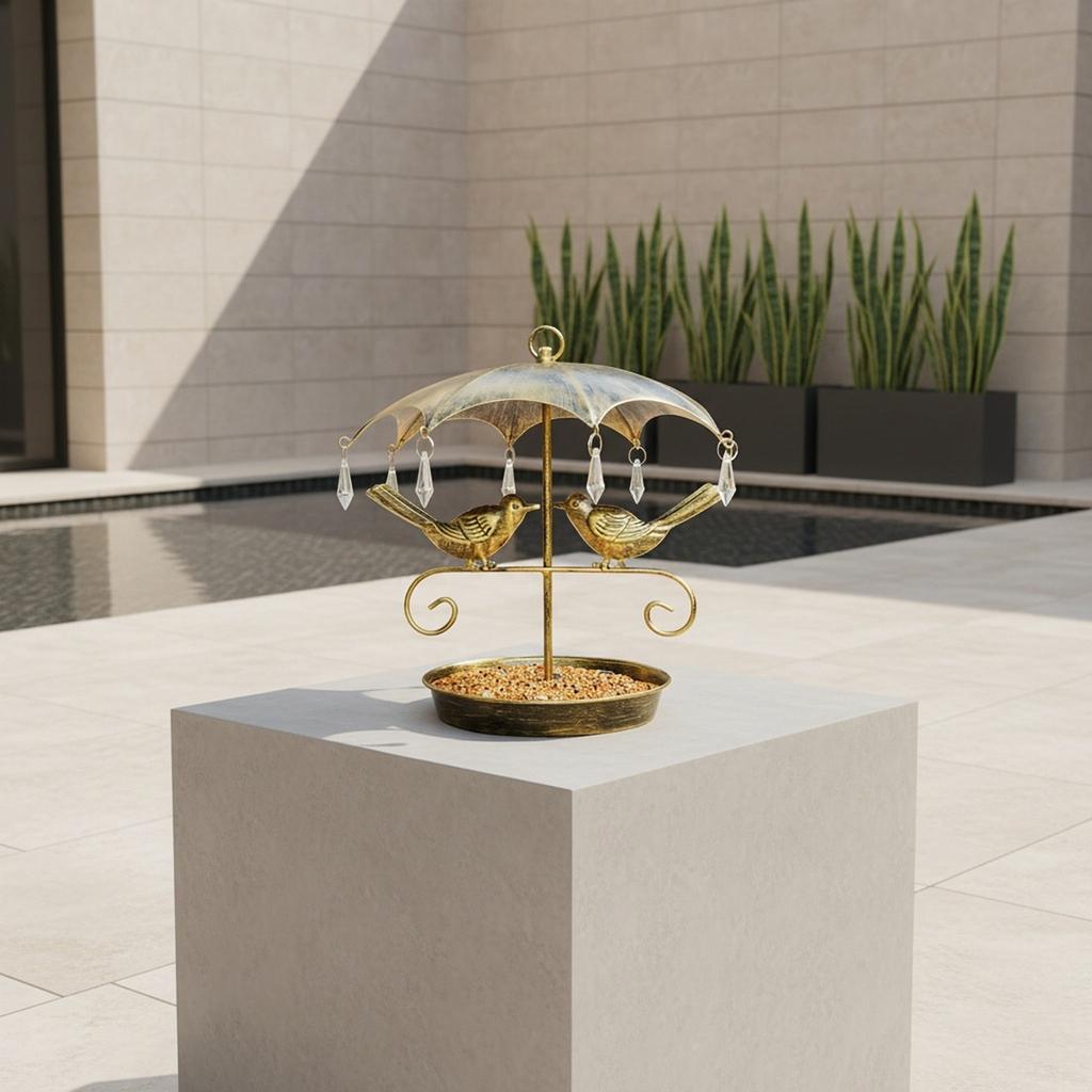 Wrought Hanging Bird Feeder with Umbrella Design for Outdoor Garden
