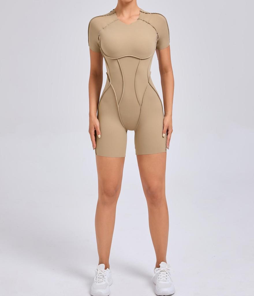 Patchwork Hollow-Back Sports Jumpsuit - Women's Tight One-Piece Fitness Outfit