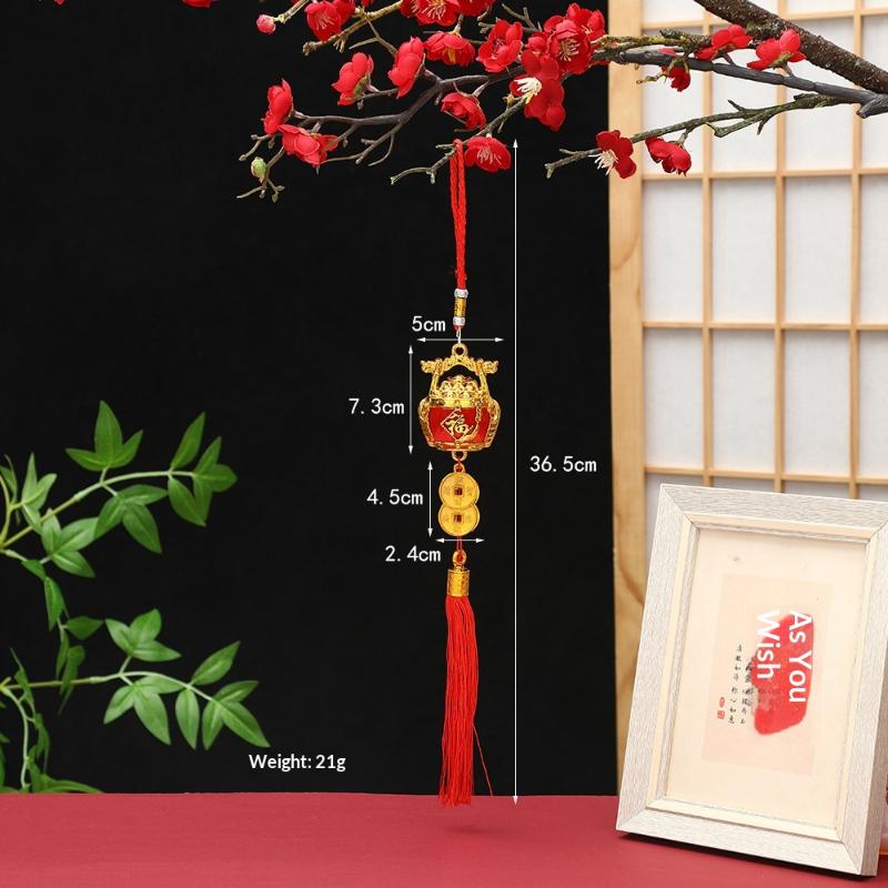 Lunar New Year Lucky Hanging Ornament with Red Tassel Golden Charm Festive Portable Decor for Travel Hotel Room Spring Festival