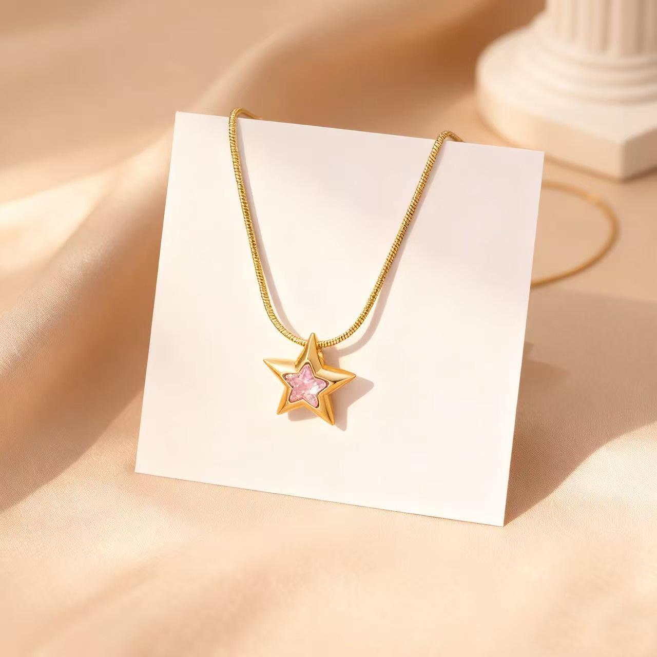 1pc Stylish Five-pointed Star Stainless Steel Necklace for Women Exquisite Inlaid with Zircon Collarbone Chain розовый