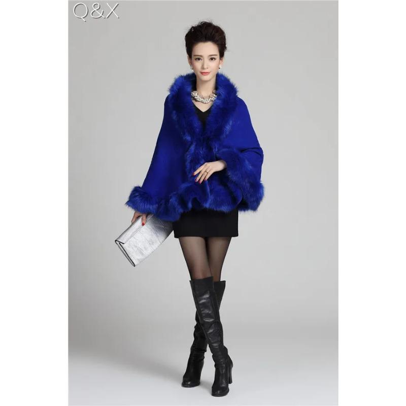 

Платье для свадебной вечеринки, накидка-пончо с шалью, большой воротник из искусственного лисьего меха, тисненый плащ с открытой строчкой, свободный трикотаж, верхнее уличное пальто One Size синий