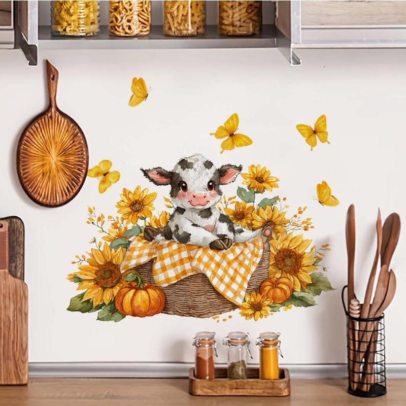 Bauernhaus-Sonnenblumen- und Kuh-Wandaufkleber - Selbstklebend und Nahtlos - Geeignet für Wohnwände