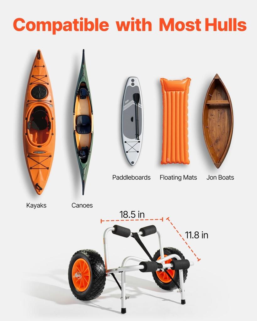 Kayak Cart, 113.4 Kg Load Capacity, Foldable Kayak Trolley with 25.4 Cm Solid Rubber Tires & 1 Ratchet Strap, Paddle Board Trolley for Carrying