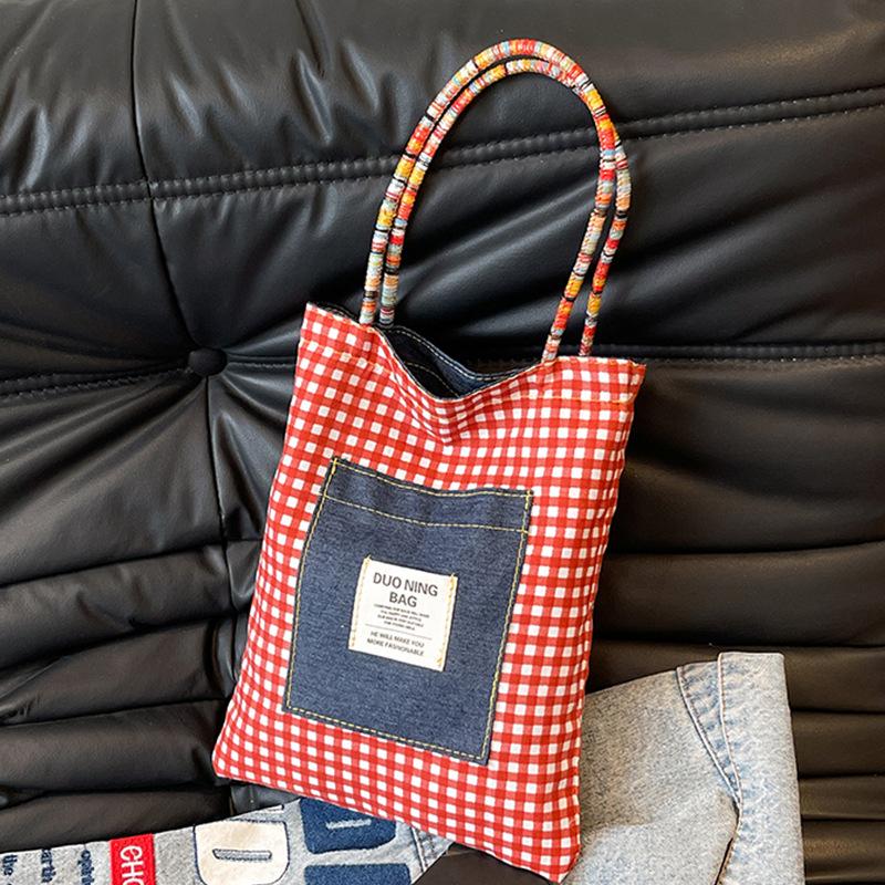 

Американская двухсторонняя сумка, клетчатая джинсовая сумка, универсальная сумка-тоут, контрастная сумка в стиле ретро, доступна с обеих сторон.