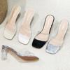 Wear high-heeled slippers 2025 women's spring one-word open-toed transparent crystal thick-heeled cool slippers show height