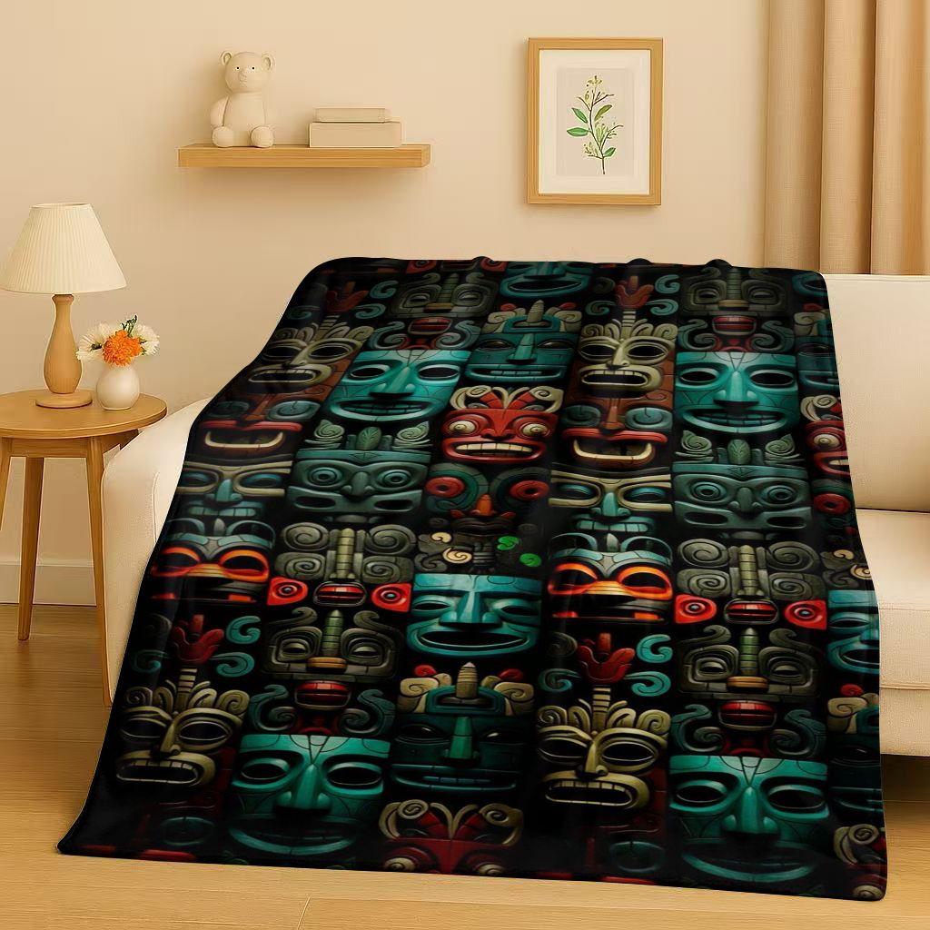 Retro Aztec Totem Maya Mask Sun God Flannel Blanket,Ultra Soft Warm Plush Throw for Home Bedroom Bed Sofa Cover Office Gift Kids