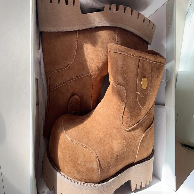 6 Winter High-top Cotton Piled and Thickened Windproof Men's and Women's Genuine Leather Medium Girls' Lazy Snow Boots