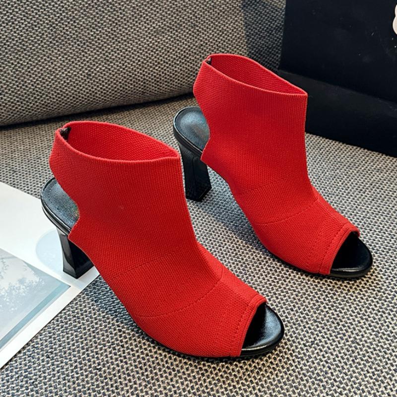 Women's Square Heel Sandals Summer New Round Head Fabric Fabric Anti-slip Wear-resistant High Heels