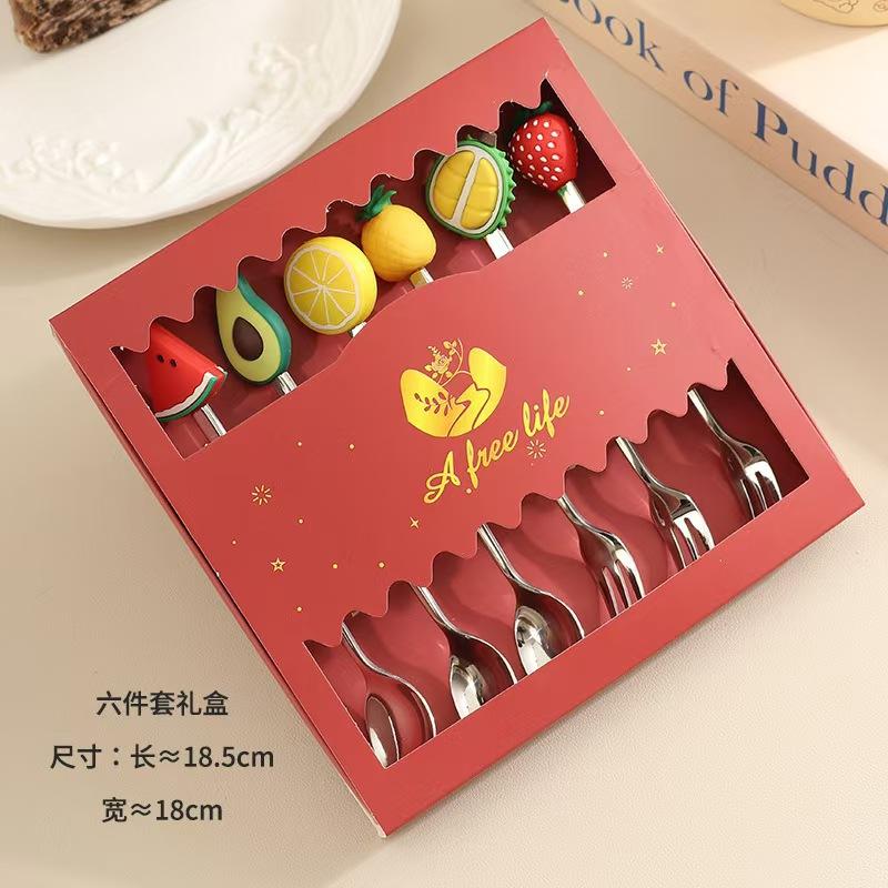 Fruit Doll Stainless Steel Spoon and Fork Christmas Coffee Dessert Spoon and Fork Gift Set Fruit Watermelon Spoon and Fork Box