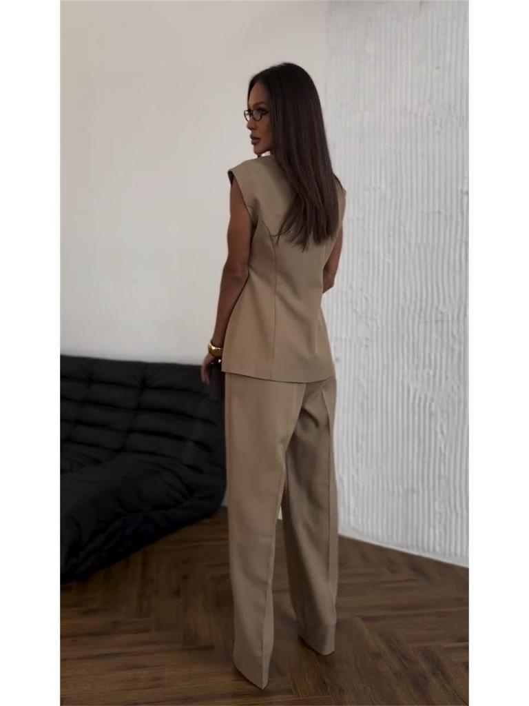 2025 Sommer Damen Doppelreiher Weste und Hose mit hoher Taille Set