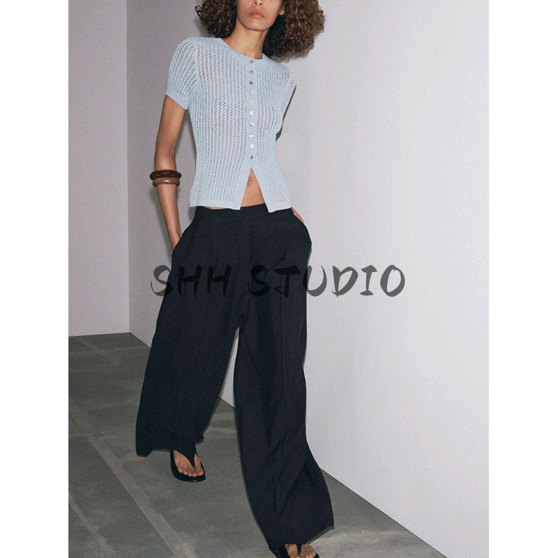 Summer New Product Women's Clothes Sweet Style Single-Breasted Round Neck Short Sleeve Jacquard Mesh Knitting Tops 5802020