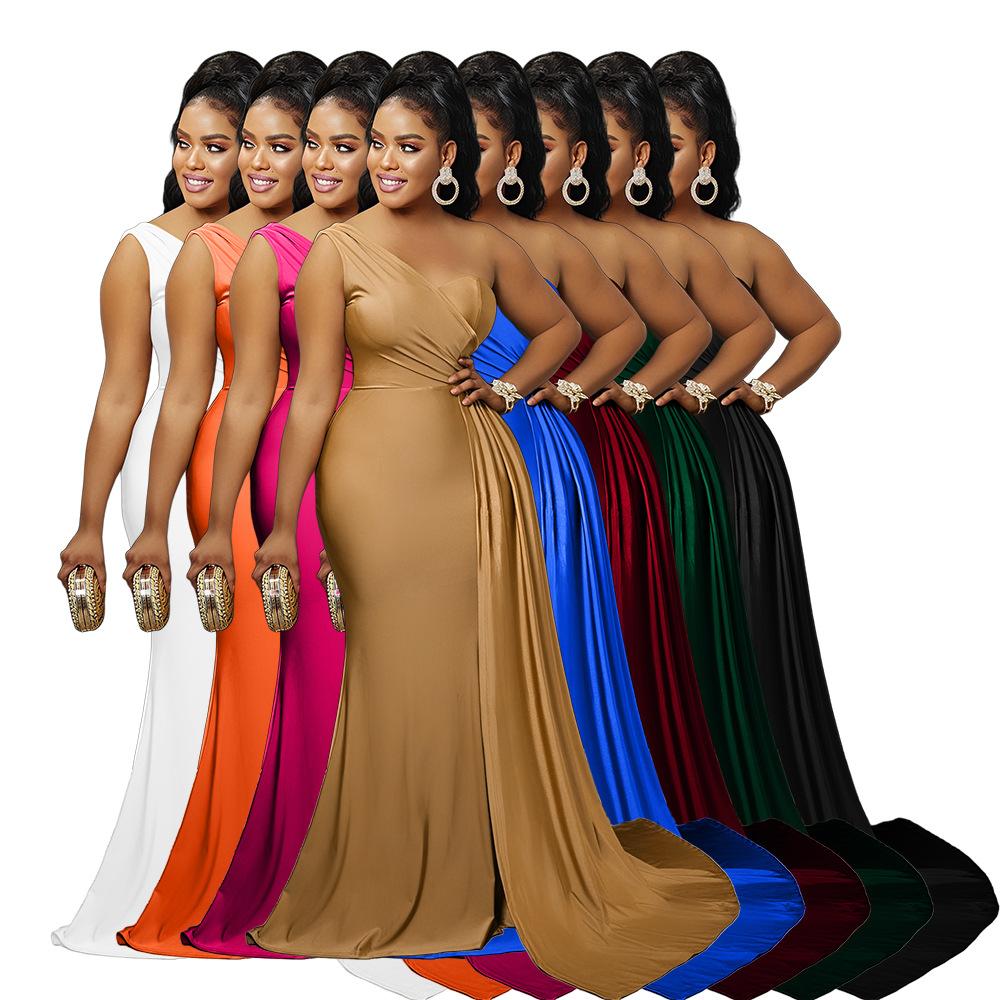 New Fashion Solid Color Sexy Tight One-shoulder Sleeve Long Dress for Party - Women's Private Wear Aristocratic Style Evening Gown