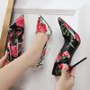 Women Rose Flower High Heel Shoes OL Pointed Toe Color Printing Single Shoes Office Nightclub Party Wedding Gathering Lady Pumps