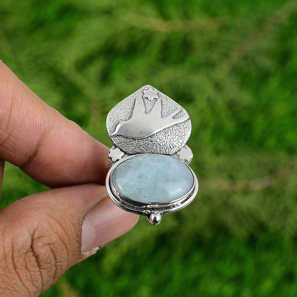 Natural Aquamarine Gemstone Statement Bird Adjustable Ring 925 Silver For Women