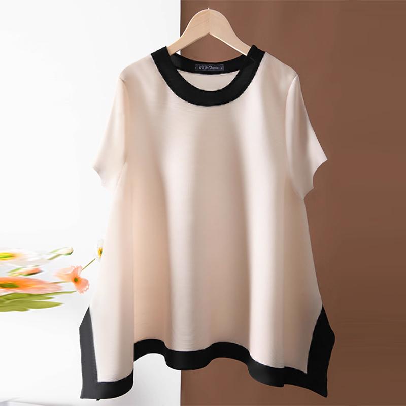 

ZANZEA Женская повседневная летняя блузка с круглым вырезом и коротким рукавом M бежевый