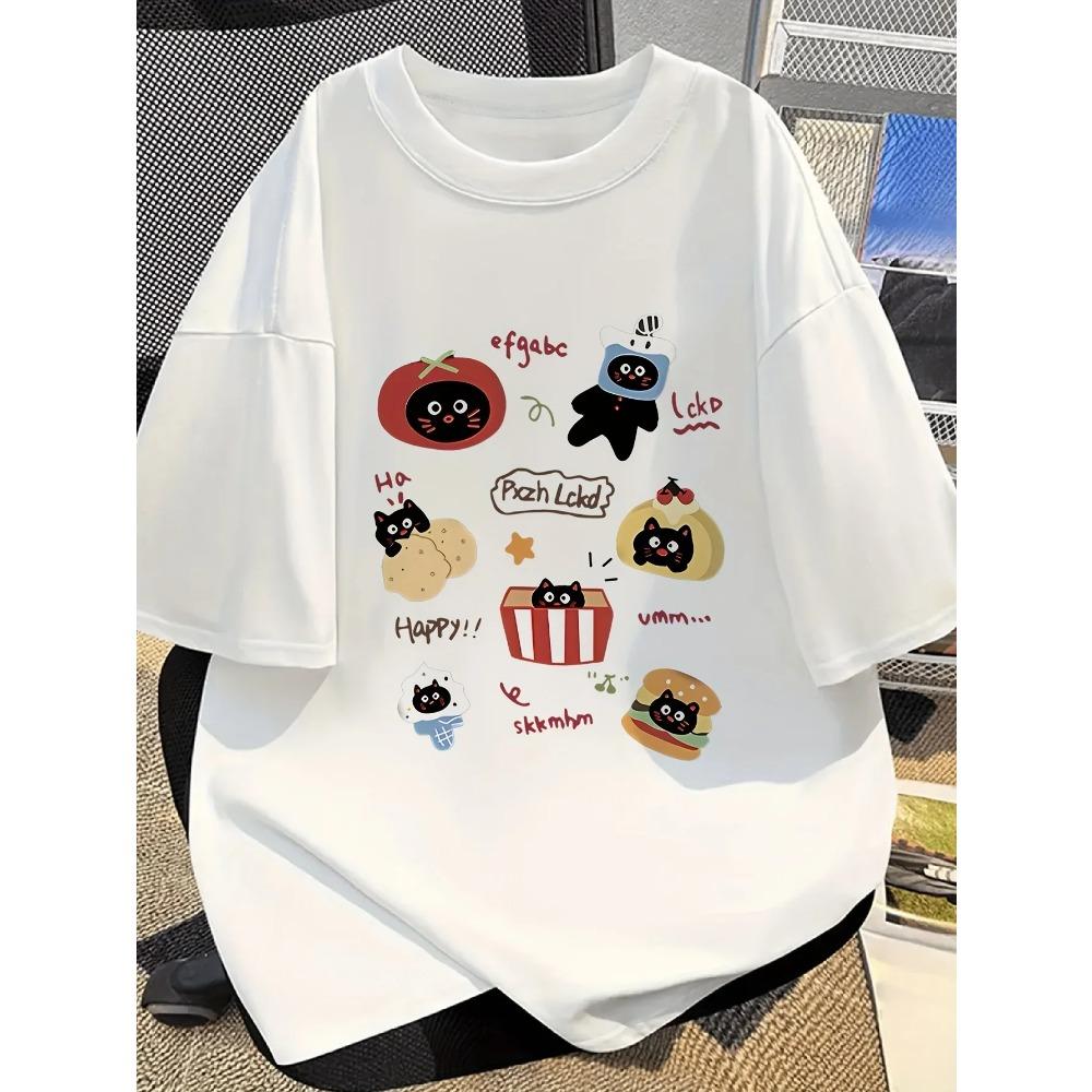 

Women s Meow Graphic Print Tee Cute Cat Fit Short Sleeve T-Shirt for Summer Casual Style O-Neck Casual Tops XS
