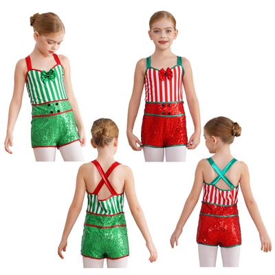 Kids Girls Candy Cane Christmas Costume Stripes Print Ballet Dance Gymnastic Leotard Jumpsuit