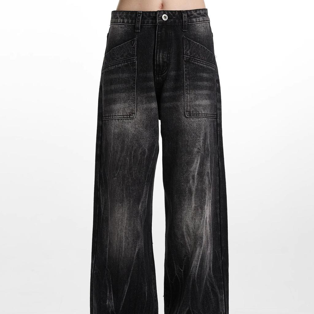 Retro black washed straight old jeans men's and women's loose high street vibe street design pants tide