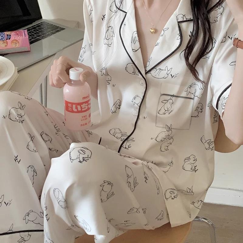 

Simple Cartoon Bunny Summer Ice Silk Short-Sleeved Trousers Can Be Worn Outside Pajamas Women S Two-Piece Set 2XL
