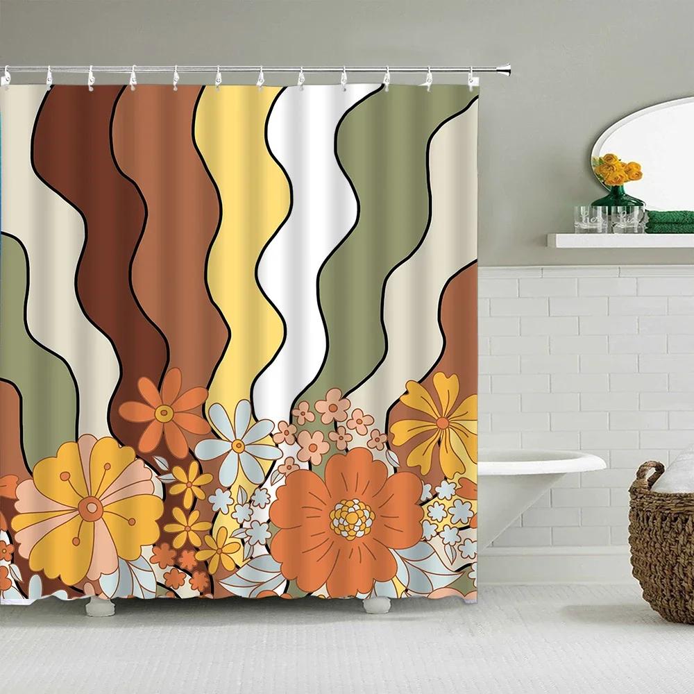 Vintage Rainbow Floral Shower Curtain 70s Colorful Stripe Fun Elegant Bohemian Abstract Style Bathroom Decoration Shower Curta