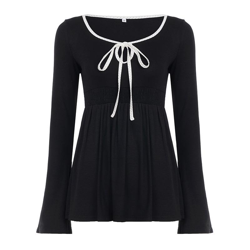 

Girls Slim Fit Polka Dot Lace-up A-line Top with Flare Sleeves Small чёрный