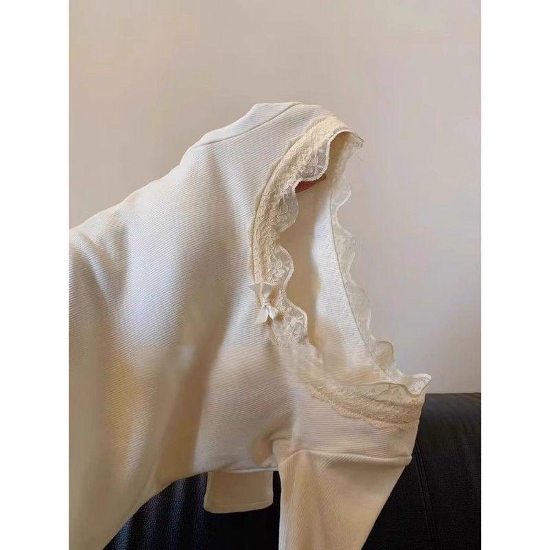 Elegant Lace Trim Long Sleeve Slim Fit Women's Top - Early Spring to Winter