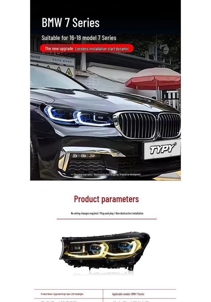 Headlight Assembly for BMW 7 Series G11/G12 (2016-2018) with New LED Daytime Running Lights, No Bumper Modification Required