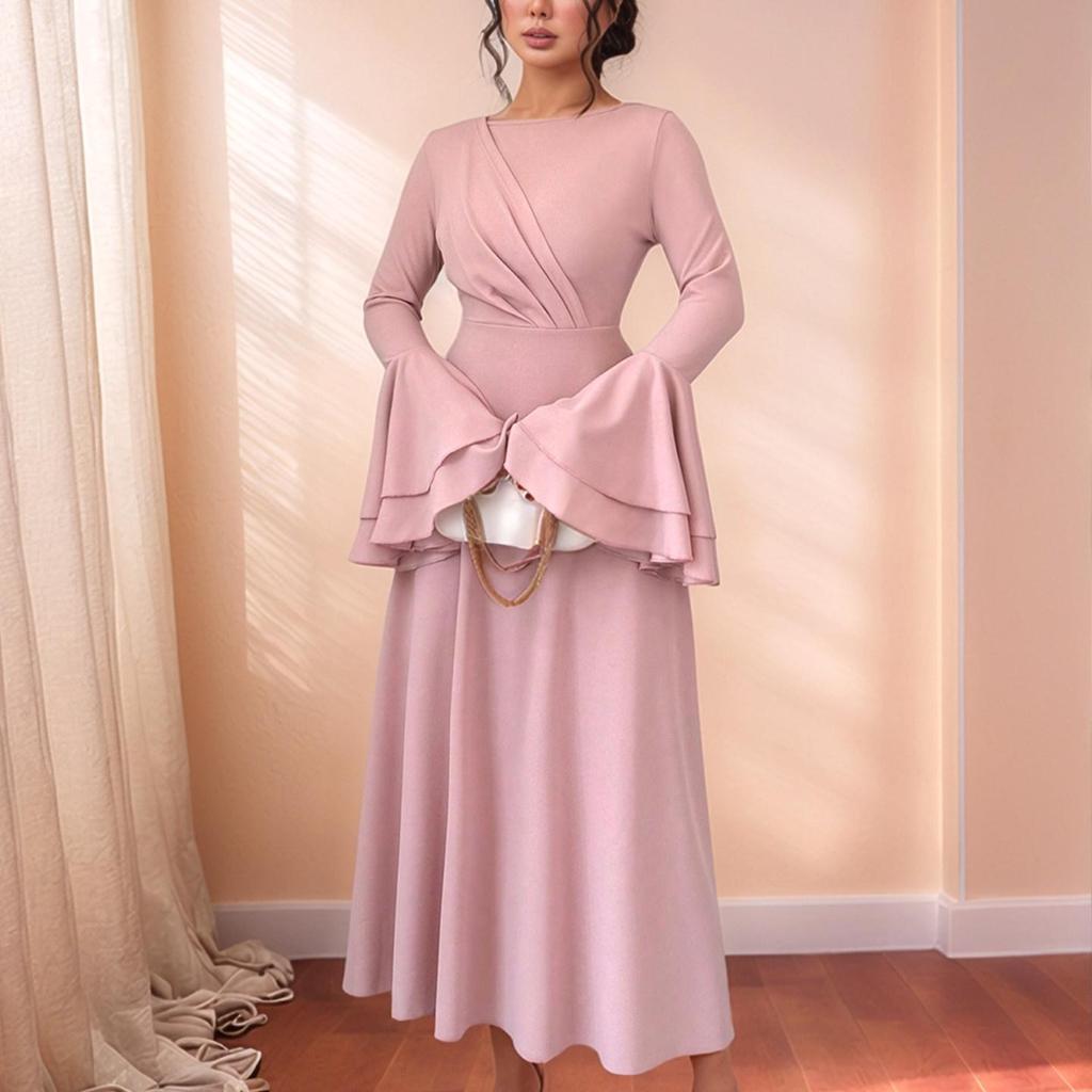 Women's Elegant European-Style Pink Long Sleeve Slim Waist Dress