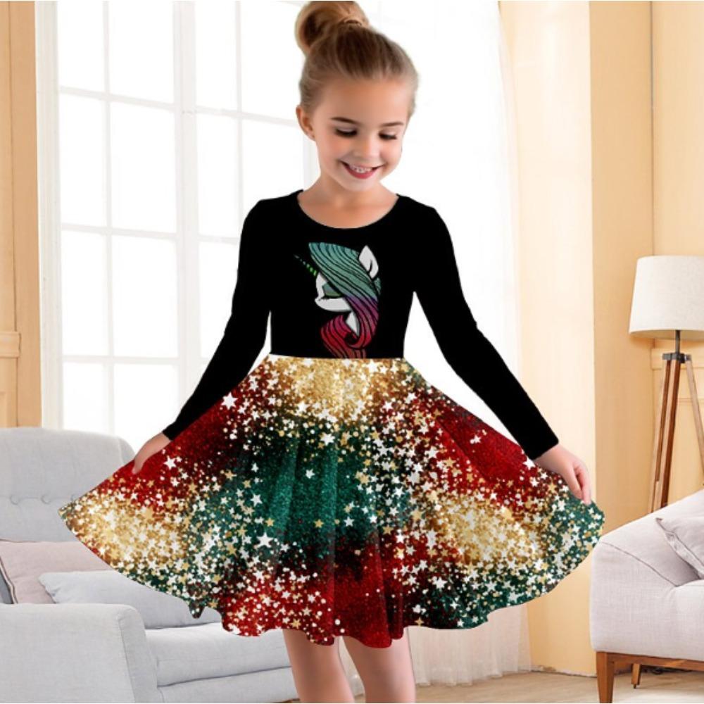 Girl Casual 3D Unicorn Pattern Print Round Neck Long Sleeve Dress Kid Princess Dress