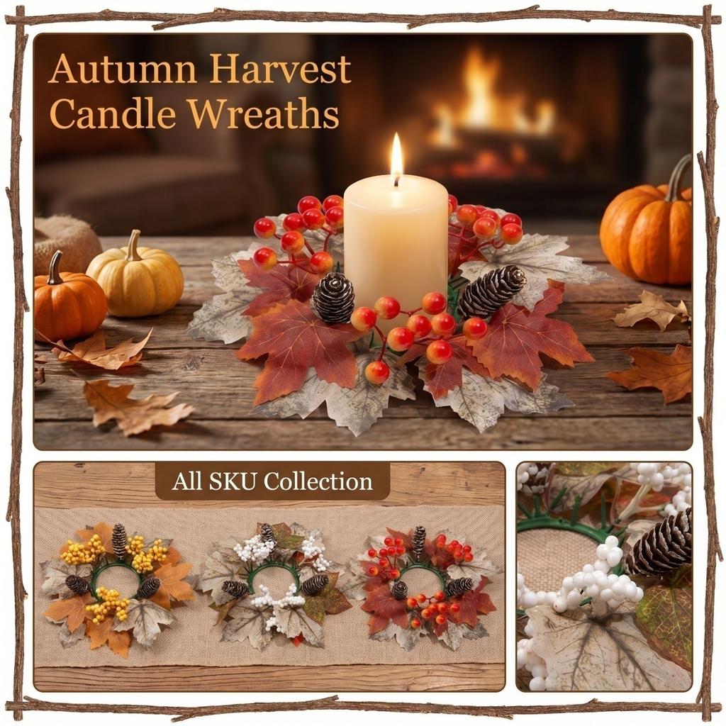 2 Piece Artificial Maple Leaf Berry Pinecone Candle Ring Wreath Set for Autumn Table Centerpiece Decor Home Display
