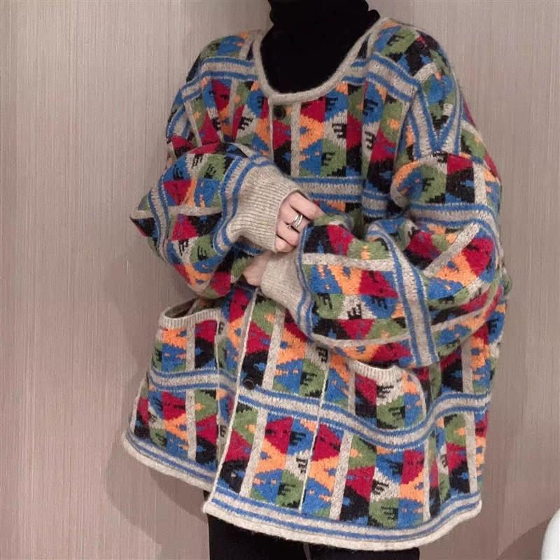 

DIMANAF 2025 Свитеры Кардиган Осень Женские С принтом цветов С круглым вырезом Вязаные Свободные Большого размера Свитер One Size