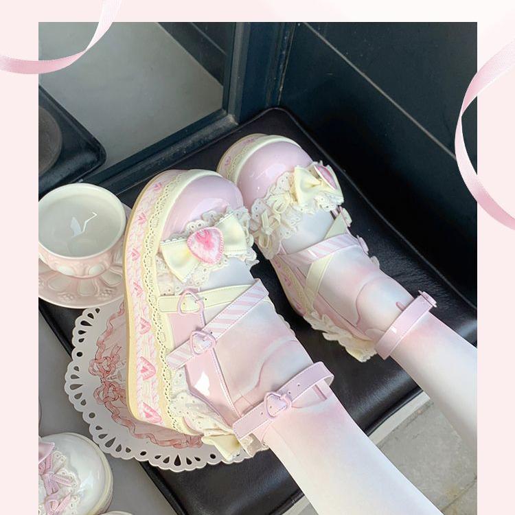 Lovely Girls Lolita Flat Platform Students Sweet Strawberry Lace Mary Janes Elevator Shoes