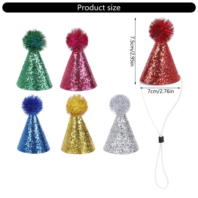 J0MC 6pcs Glittering Powder Pet Party Hat With Adjustable Rope For Party PhotoShoots Cats Dog Festival Costume Accessory