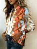 Ladies' Luxurious Shirt - Orange-blue-gold Chain Printed Button-down Blouse | The Overall Style Is Suitable for Evening Events, Weddings, and Parties