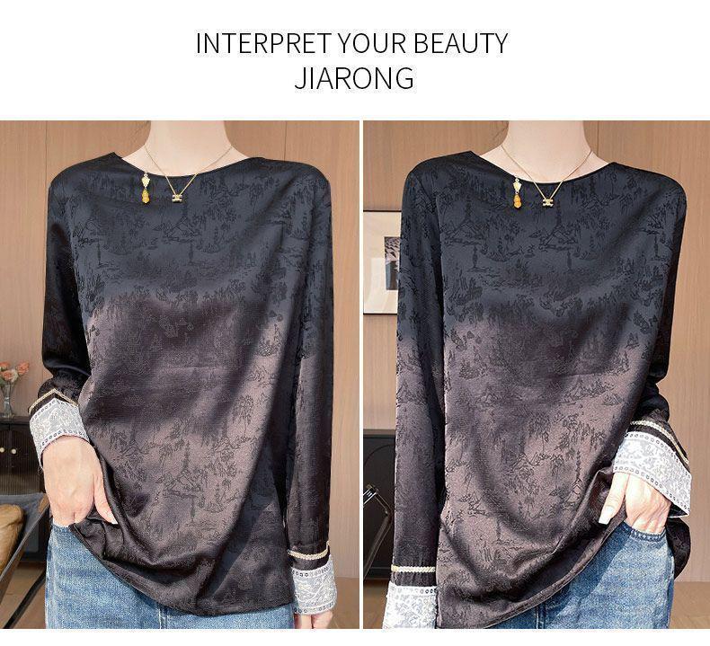 Spring New Heavy Embroidery Jacquard Long Sleeve Retro Chinese Style Round Neck Plus Size Women's Top