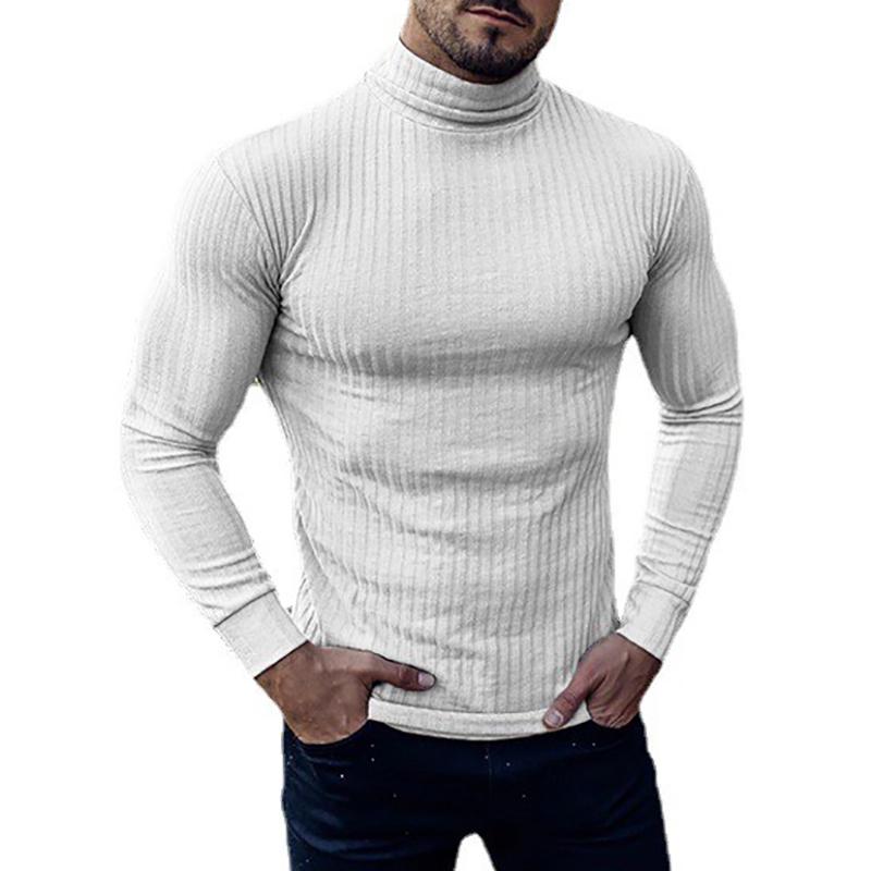 Muscleguys Mens Running T-shirts Autumn Thin Knitted Ribbed Roll Neck Jumper Sports Sweaters Strip Slim Fit Gym Fitness Pullover T Shirts