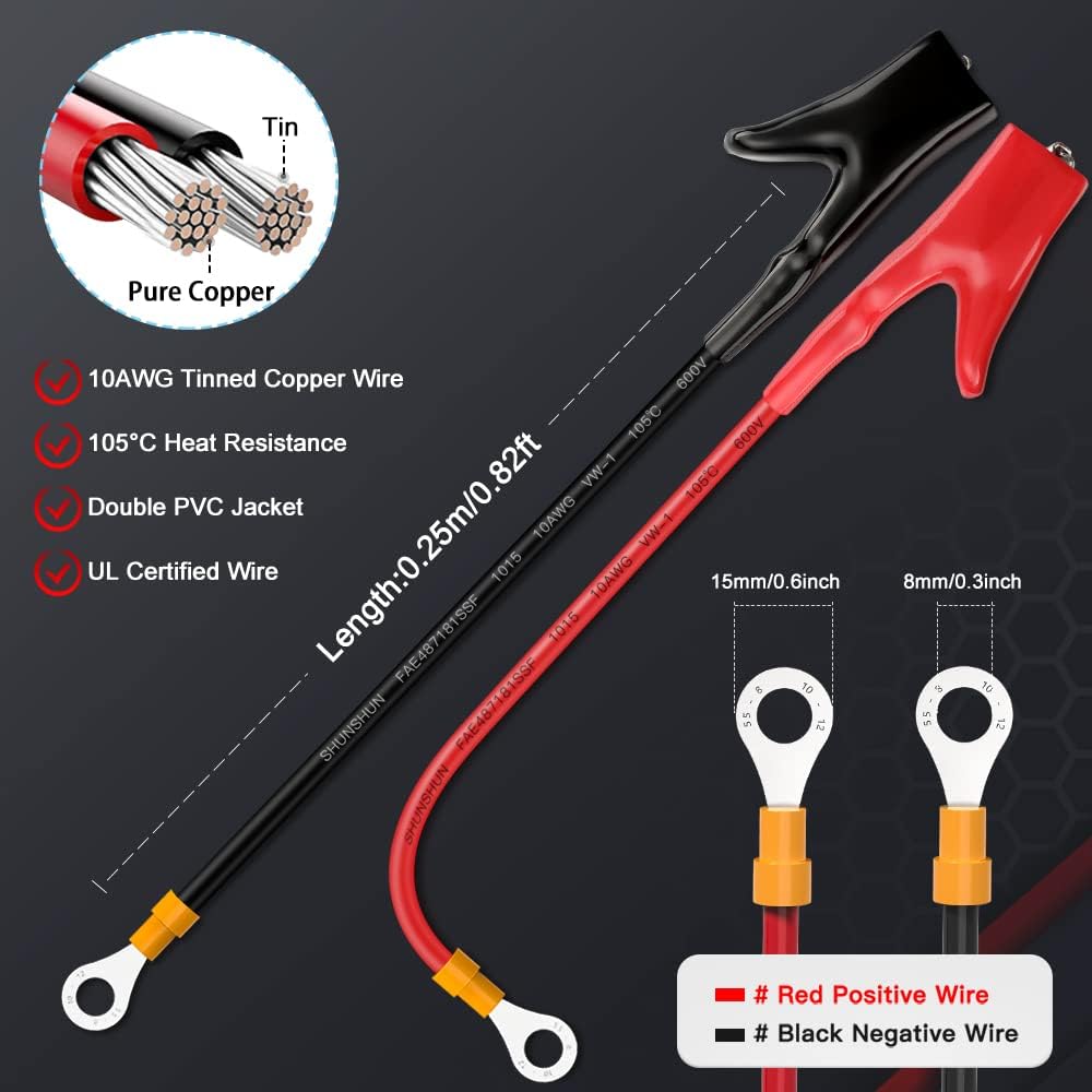 ELECTOP Upgraded 10AWG Battery Alligator Clips Booster Jumper Cable, Battery Charger Clamps To O Ring Terminal Harness Wire, Quick Disconnect/Connect