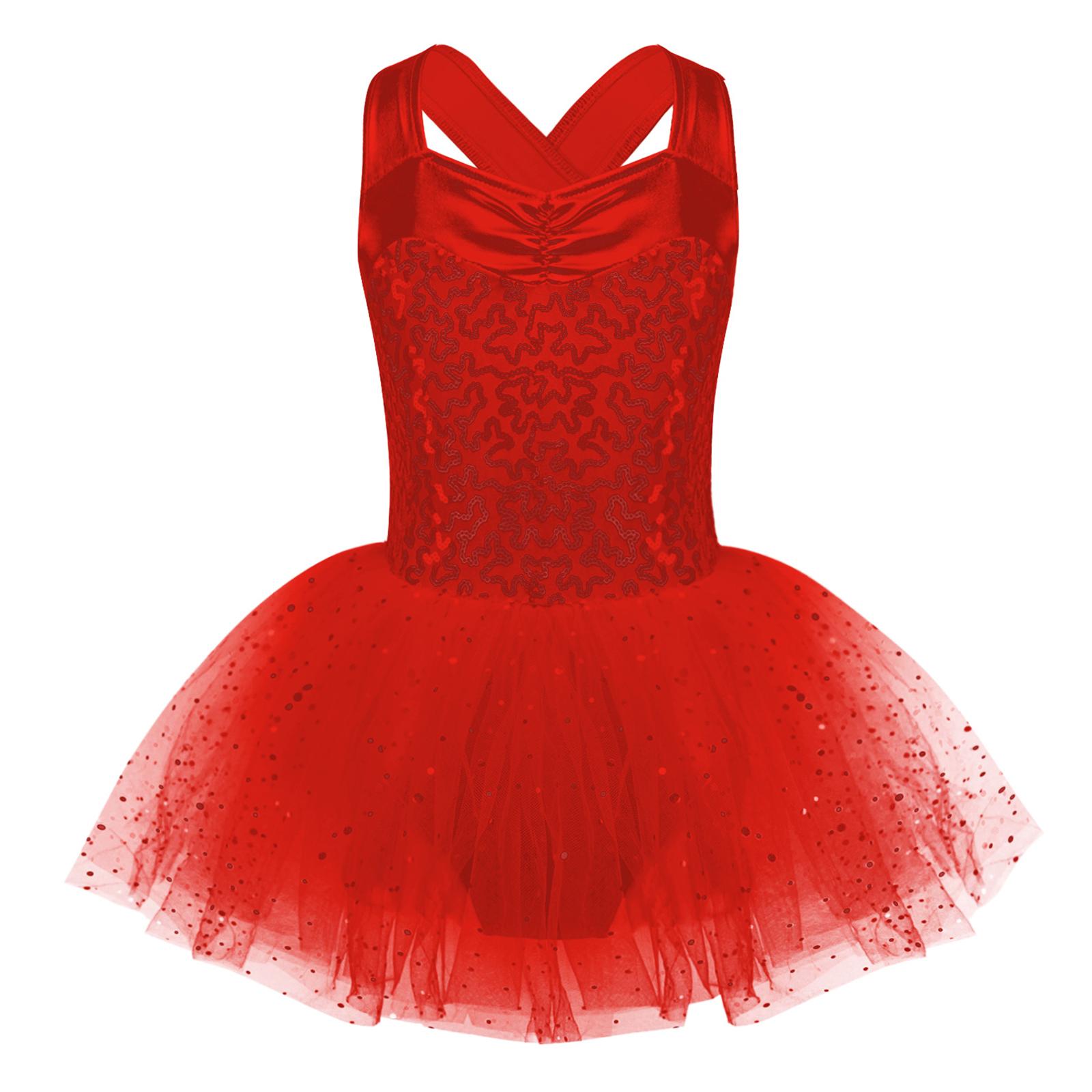 

Girls Sleeveless Dance Dress with Shiny Sequins Crisscross Back and Tutu Mesh Skirt 5-6 Years червоний